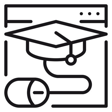 Online education and e-learning vector icon illustration featuring a graduation cap inside a web browser window connected to a computer mouse, symbolizing digital learning and remote study.