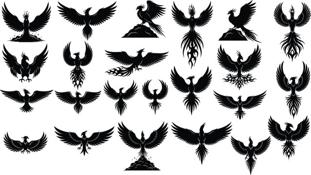 Set of Phoenix Bird Illustrations with Fiery Wings and Flames for Mythology, Fantasy, and Rebirth Design Themes