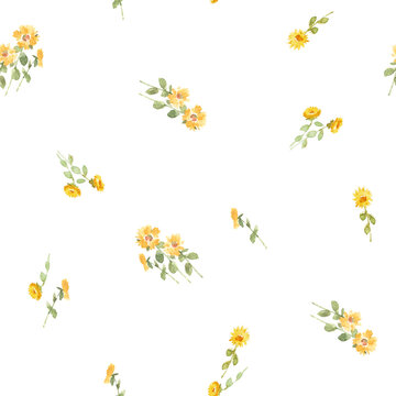 Cottagecore Watercolor Sunflower Seamless Pattern Small Floral Rustic Countryside Botanical Design