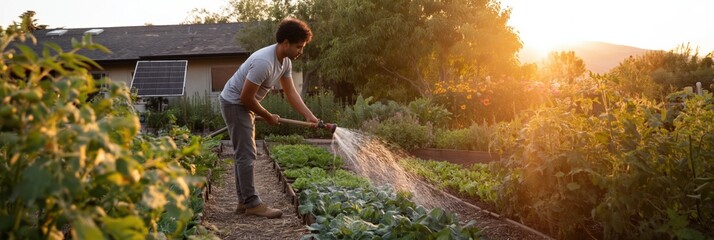 Naklejka premium Man watering vegetable garden along rows at sunset on small farm