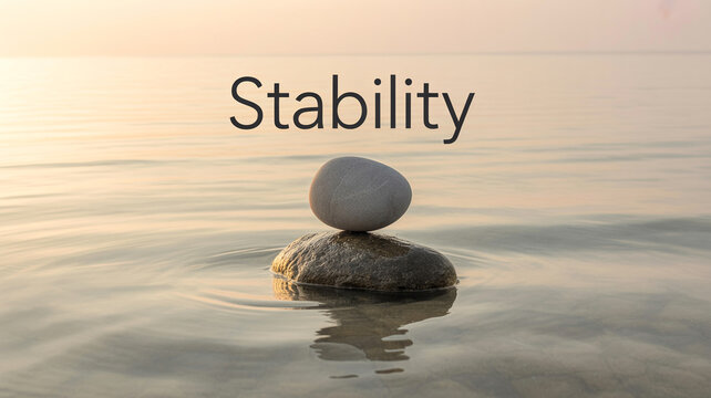 Stacked stones in calm water with text stability, balance and harmony concept, mindfulness, inner peace, minimal nature scene, inspirational design