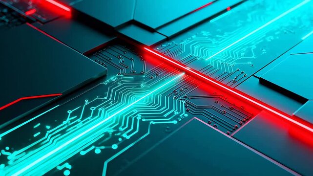 Circuit board with glowing neon lines