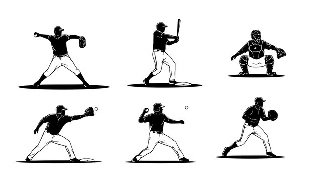 Baseball player silhouettes set pitcher batter catcher field positions vector illustration isolated on white background