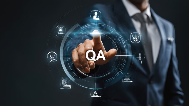 Business Man Touching Virtual Screen with Qa Text and Icons