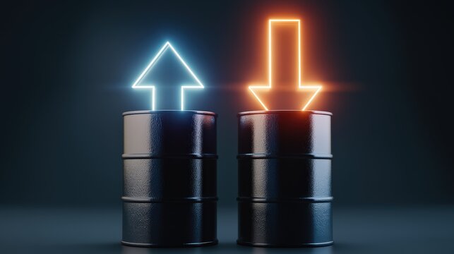 Oil Barrels with Neon Arrows Showing Price Increase and Decrease