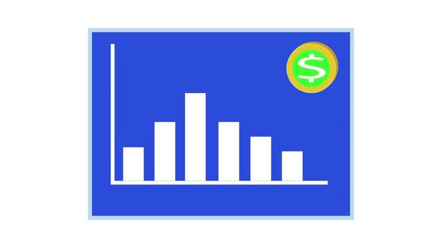 Business economics visualization. Market decline and investment loss. Animated bar graph decreasing trend. Financial chart with dollar coin.