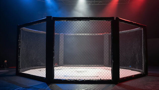 An empty MMA cage, bathed in dramatic blue and red light with smoke, sets the scene for a thrilling mixed martial art competition. This professional fighting cage symbolizes intense comba