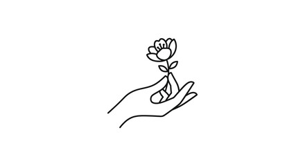 Fototapeta premium A delicate hand gently holds a blooming flower line art silhouette