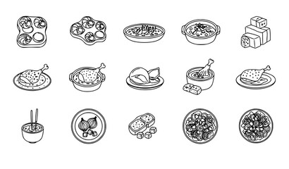 Obraz premium French cuisine line icons set escargots bouillabaisse duck confit outline vector isolated on white background