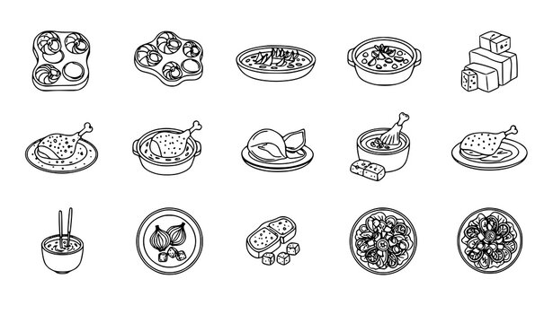 French cuisine line icons set escargots bouillabaisse duck confit outline vector isolated on white background
