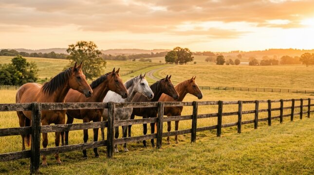 Herd of horses standing by a wooden fence at sunset in a grassy field