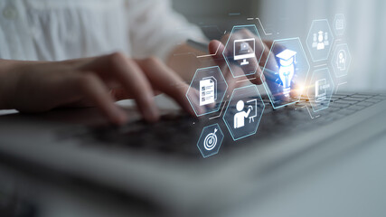 Education technology digital learning, training systems, and knowledge development. Futuristic...