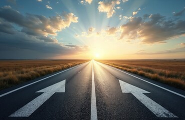 Fototapeta premium Long asphalt road with white arrows pointing forward towards a bright sunrise sky. Fields line the highway stretching to horizon. Journey ahead.