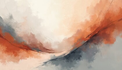 Fototapeta premium Abstract art with warm earthy tones and dynamic brushstrokes. Soft hues blend into rich oranges grays and cream creating a modern textured backdrop. Elegant blend of color and form.