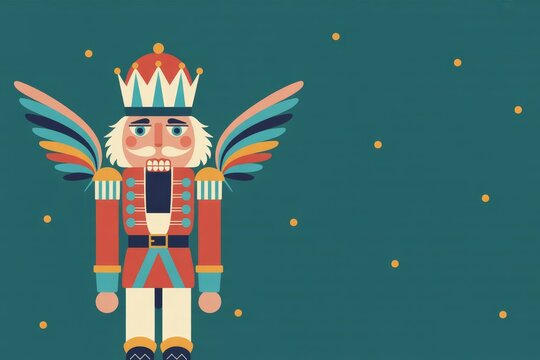 Colorful cartoon nutcracker with wings stands against a teal background with gold dots.
