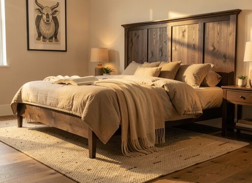 Long flatweave runner beside bed with dark wood headboard, functional artisan texture, grounding daily ritual