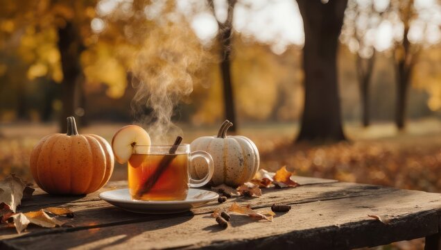 Warm drink with apple slice and cinnamon stick, pumpkins, fall foliage on a wooden table