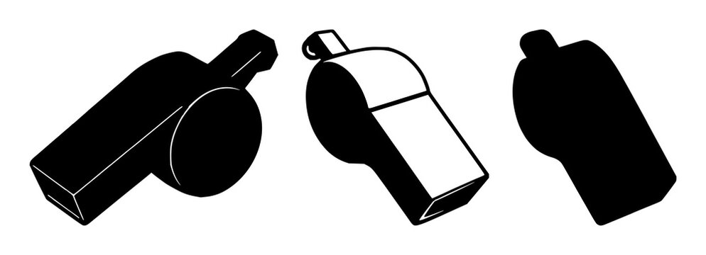 Personal trainer whistle set with a solid black icon on a white background featuring whistle icon, fitness, training with black and white and vector