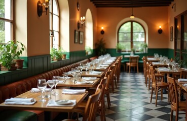 Obraz premium Restaurant interior with empty wooden tables, comfortable booth seats, elegant place settings. Tall windows offer natural light, plants add touch of nature, creating warm inviting atmosphere for