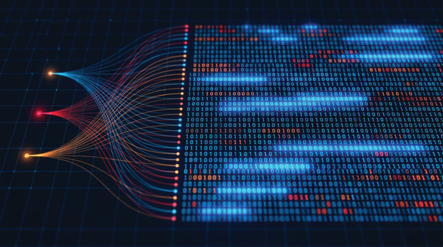 Data stream of binary code flowing into a digital processor representing high speed information transfer and complex computational processing in a modern server environment.