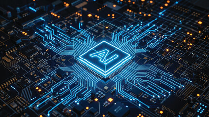 Artificial intelligence microchip processor on a glowing motherboard with intricate blue circuit lines representing modern computing machine learning and advanced electronic technology. © SWEET