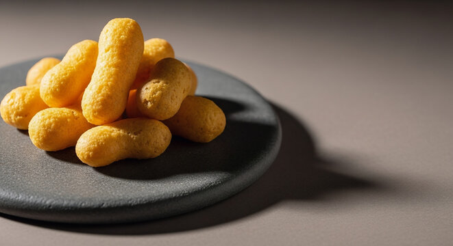 Freshly made Israeli Bamba peanut butter puffs snack pile on slate plate, traditional kids favorite crunchy treat