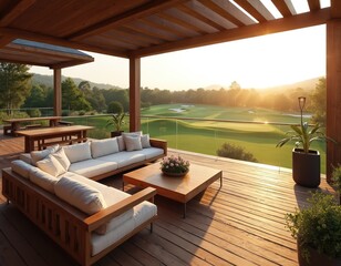 Obraz premium Spacious wooden deck with modern sofa and coffee table offers view of golf course at sunrise. Outdoor seating area on balcony with glass railing overlooks green landscape.