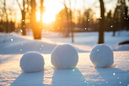 Three large snowballs sitting on a snowy surface during a beautiful winter sunset outdoors