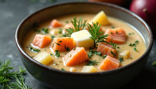 Salmon chowder with potatoes and herbs in bowl. Cubes of fish and butter float in creamy broth. Garnished with dill and parsley, this hearty seafood dish offers delicious comfort food.