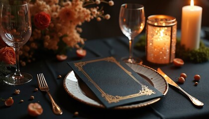 Naklejka premium Elegant table setting for fine dining with menu card and glowing candles. Festive dinner or special event atmosphere. Luxurious plate setting for restaurant.