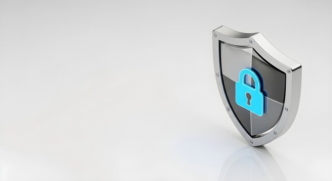 Metallic shield symbol with bright blue padlock icon representing security and protection against digital threats.