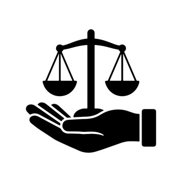 Justice scales icon on human hand, legal system symbol, law and equity vector graphic
