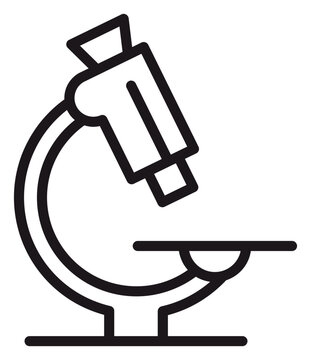 Microscope vector icon illustration, minimalist black line art symbol for science, laboratory research, medical diagnostics, biology education, and scientific discovery on white background.