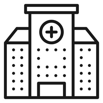 Hospital building vector icon, minimalist black line art illustration of a medical facility with a cross symbol, clinic or healthcare center symbol for medical and health design projects.
