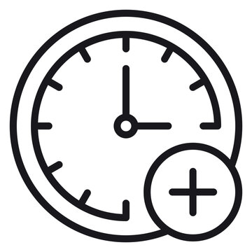 Black vector icon of a minimalist clock with a plus sign symbol, representing adding time, scheduling appointments, overtime, or time management. Clean line art illustration on white background.