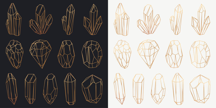 Natural crystals shapes, geometric stone silhouettes. Collection of golden gems symbol. Isolated minerals contour for cards, logo, decorations, invitations design.