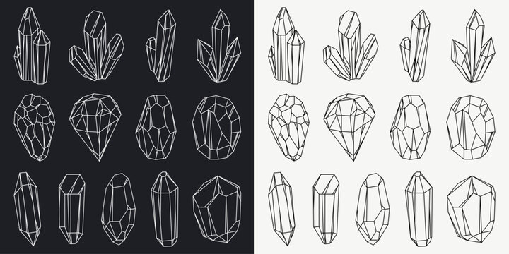 Set of crystals linear shapes. Geometric icons of black and white crystals, gems symbol. Isolated minerals contour for cards, logo, decorations, invitations design.