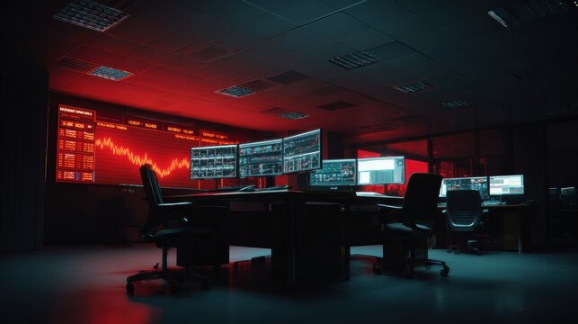 Stock market crash on multiple screens in control room