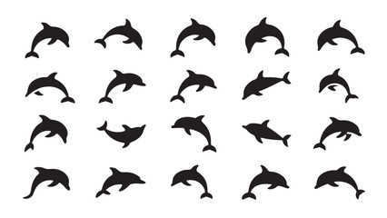 Black silhouette of jumping dolphins arranged in grid © Mahfujur Riyad
