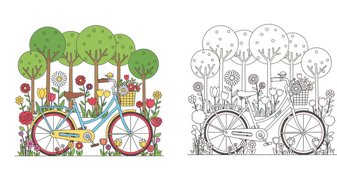 Bicycle in Garden with Flowers and Trees, Colorful Illustration and Black and White Line Art Coloring Page for Kids Activity Book, Vector Design Set for Creativity and Education