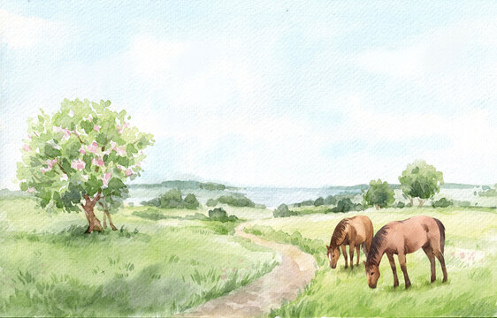 Watercolor Countryside Landscape with Horses Pastoral Meadow Nature Romantic Rural Scene Illustration