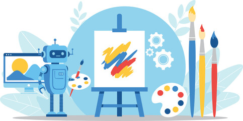 Obraz premium Creative AI robot painting artwork on canvas with brushes palette digital art innovation technology vector illustration