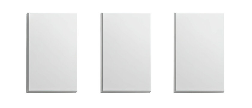 Three similar rectangular, white objects with slight 3D effects on a black background