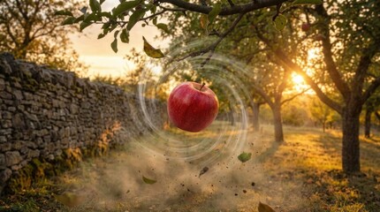 Fototapeta premium Red apple suspended, creating spacetime curvature, gravitational field, universal force, relativity, cosmic phenomenon, dimensional distortion, spatial bending, mass attraction, invisible power.