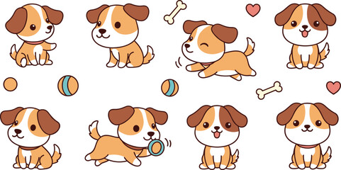 Cute puppy cartoon vector illustration set with playful dogs sitting running kawaii pet characters collection design