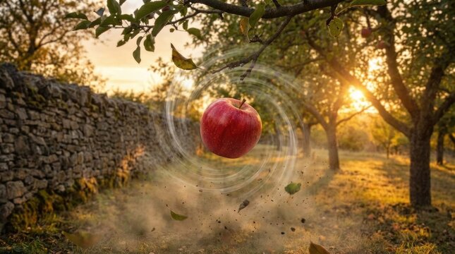 Red apple suspended, creating spacetime curvature, gravitational field, universal force, relativity, cosmic phenomenon, dimensional distortion, spatial bending, mass attraction, invisible power.