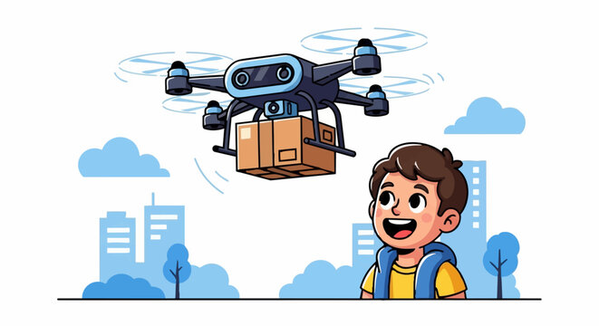 A boy watches a drone delivering a package in the city skyline on a cloudy day.