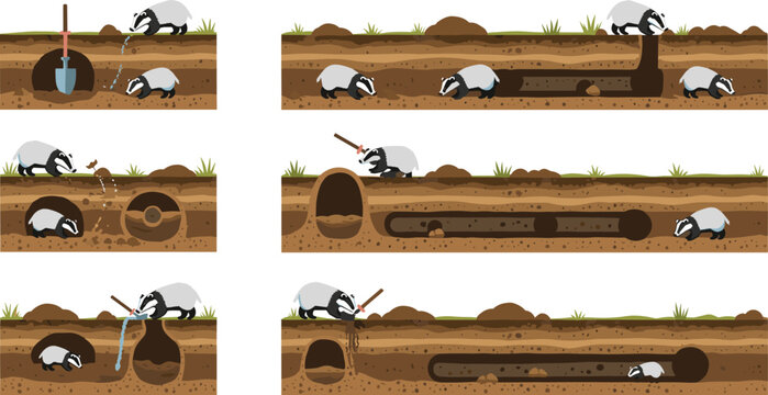 Badger underground tunnel system set vector illustration wildlife burrow digging process animal habitat cross section design