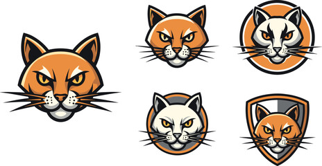 Angry cat head mascot set vector illustration fierce feline logo badges collection aggressive animal design elements © MstLaky