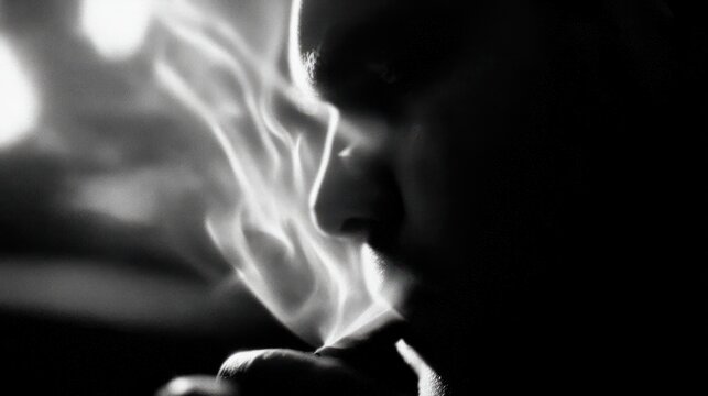 Dramatic grayscale portrait of a person exhaling vapor in soft lighting